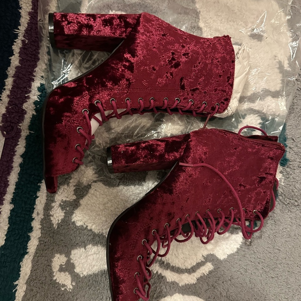 Wild Diva Velvet Lace-Up Boots in Deep Red